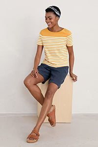 Seasalt Cornwall Women's Sailor Organic Cotton T-Shirt in Falmouth Mini Cornish Sandstone - Short Sleeve Striped Summer Top with Boat Neck - 14 US
