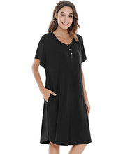 Load image into Gallery viewer, NACHILA Womens Bamboo Nightgown Button-down Sleepwear Short Sleeve Nightshirt Soft Night Dress Black M
