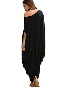 Verdusa Women's Boat Neck Batwing Sleeve Baggy Caftan Harem Oversized Maxi Dress Black L
