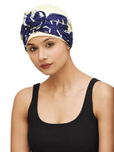 Load image into Gallery viewer, SAKUCHI Beautiful Printed Cotton Flower Headband with Bamboo Viscose Cap for Women Chemo Hair Loss Headwear 2 Piece Set (Navy)
