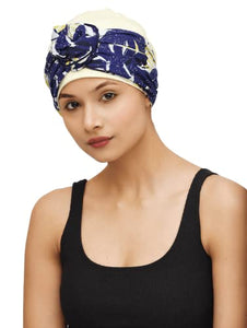 SAKUCHI Beautiful Printed Cotton Flower Headband with Bamboo Viscose Cap for Women Chemo Hair Loss Headwear 2 Piece Set (Navy)