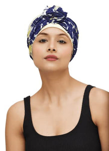 SAKUCHI Beautiful Printed Cotton Flower Headband with Bamboo Viscose Cap for Women Chemo Hair Loss Headwear 2 Piece Set (Navy)