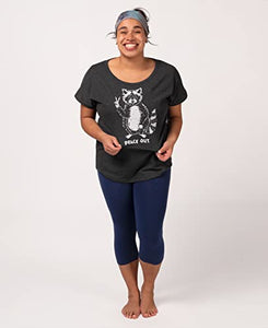 Women's Organic Cotton Raccoon Slouchy Top - Black Ladies Short Sleeve Graphic Off The Shoulder Tee (SM)