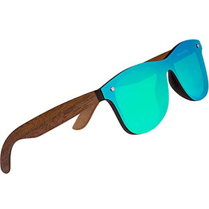 WOODIES Walnut Wood Sunglasses with Green Mirror Polarized Lens and Wooden Frame for Men and Women - 100% UVA/UVB Protection