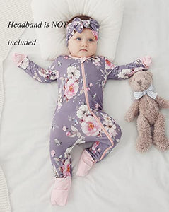 SUZEL Baby Boys Girls Pajamas - Bamboo Viscose Zippy Pjs Sleep 'N Play - Infant Long Sleeve One Piece Romper - 0-24 Months (Flower Purple, 12-18M)
