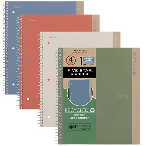 Five Star Recycled Spiral Notebooks + Study App, 4 Pack, 1-Subject, College Ruled Paper, 11” x 8-1/2”, 100 Sheets, Assorted Colors (820046)