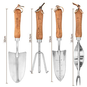 EZARC Garden Tool Set, 4 Piece Stainless Steel Heavy Duty Gardening Tools with Wooden Handle, Gardening Kit Include Hand Shovel, Trowel, Garden Rake, Hand Weeder