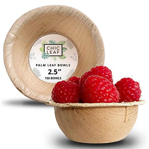 Chic Leaf 100% Compostable Mini Bowls Disposable Palm Leaf Bowls Like Bamboo 2.5 Inch Round (150 pc) - Eco Friendly Condiments and Sauces Dipping Bowls - Bulk Biodegradable Bowls For Charcuterie