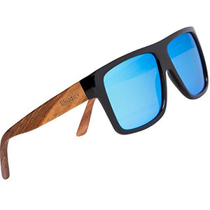WOODIES Polarized Zebra Wood Aviator Wrap Sunglasses for Men and Women | Ice Blue Polarized Lenses and Real Wooden Frame | 100% UVA/UVB Ray Protection