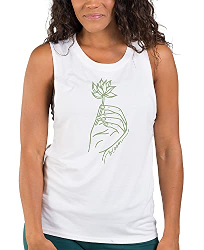 Soul Flower Women's Organic Cotton Lotus Bloom Bamboo Muscle Tank Top, Navy Long Graphic Yoga Top, Sleeveless Ladies Shirt (Medium)