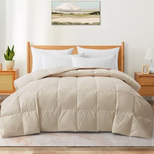 puredown® Organic Cotton Down Comforter, Bedding Duvet Insert Full/Queen Size, 100% Pure Natural Cotton Cover Breathable Fluffy Feather Comforter with Corner Ties (Beige, 88