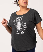 Load image into Gallery viewer, Women&#39;s Organic Cotton Raccoon Slouchy Top - Black Ladies Short Sleeve Graphic Off The Shoulder Tee (SM)
