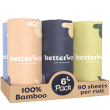 Load image into Gallery viewer, Betterway Bamboo Paper Towels - 6 Rolls, 2 Ply - Plastic Free, Disposable Kitchen Paper Towels - Select Size, Tree Free, Compostable, Strong &amp; Absorbent - Sustainable Product w/Eco Friendly Packaging
