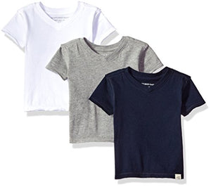 Burt's Bees Baby Baby Boys' T-Shirts, S_et of 3 Organic Long V-Neck Tees, White/Grey/Navy Short Sleeve, 12 Months