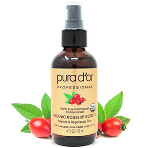 PURA D'OR Organic Rosehip Seed Oil, 100% Pure Cold Pressed USDA Certified All Natural Moisturizer Facial Serum For Anti-Aging, Acne Scar Treatment, Gua Sha Massage, Face, Hair & Skin, Women & Men, 4oz