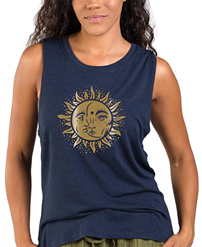 Soul Flower Women's Organic Cotton Moon and Sun Bamboo Muscle Tank Top, Navy Long Graphic Yoga Top, Sleeveless Ladies Shirt (Small)