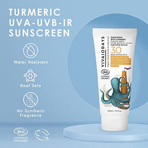 VIVAIODAYS - Sunscreen with Turmeric, Body & Facial Sunscreen with Broad Spectrum SPF 30, Sunscreen Lotion for Babies & Adults, Sun Skin Care, Reef Friendly Sunscreen, COSMOS ORGANIC Certified, 100 ml