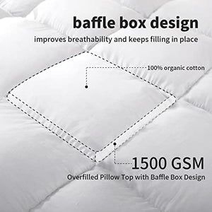 NEXHOME PRO Organic Cotton Queen Cooling Mattress Topper,Pillow Top Mattress Topper for Bed with Baffle Box Design,1500gsm Overfilled Extra Thick Breathable 400tc Plush & Support Pad Cover