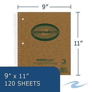 Roaring Spring Environotes Recycled 3 Subject College Ruled Spiral Notebook with Double Pocket Dividers, 11" x 9" 120 Perforated Sheets, Gray Cover