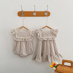 Ashmyova Toddler Girls Linen Summer Casual Dress Kids Vintage Ruffles Stripe Baby Rompers Dresses Kahhi Rompers Size 0-6 Months