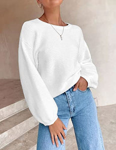 ZESICA Women's 2023 Crew Neck Long Lantern Sleeve Casual Loose Ribbed Knit Solid Soft Pullover Sweater Tops,White,Small
