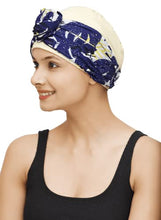 Load image into Gallery viewer, SAKUCHI Beautiful Printed Cotton Flower Headband with Bamboo Viscose Cap for Women Chemo Hair Loss Headwear 2 Piece Set (Navy)
