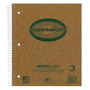 Roaring Spring Environotes Recycled 3 Subject College Ruled Spiral Notebook with Double Pocket Dividers, 11" x 9" 120 Perforated Sheets, Gray Cover