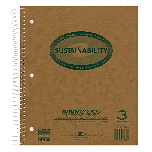 Roaring Spring Environotes Recycled 3 Subject College Ruled Spiral Notebook with Double Pocket Dividers, 11