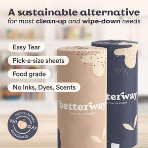 Betterway Bamboo Paper Towels - 6 Rolls, 2 Ply - Plastic Free, Disposable Kitchen Paper Towels - Select Size, Tree Free, Compostable, Strong & Absorbent - Sustainable Product w/Eco Friendly Packaging