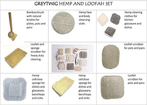 Set of 10 compostable Hemp and Loofah Kitchen eco Dish sponges for Kitchen Cleaning, eco Friendly Kitchen sponges, compostable Sponge, Bamboo and Bristle Dish Brush, and Bonus Hemp face washcloth