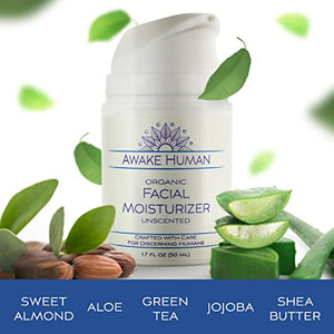 Awake Human Organic Face Moisturizer, Unscented Natural Face Cream for Every Skin Type, Mostly Aloe, Jojoba, Green Tea, Shea Butter, Sweet Almond, 1.7 Ounces