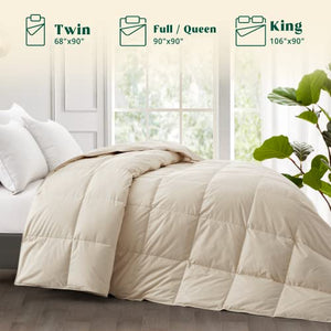 puredown® Organic Cotton Down Comforter, Bedding Duvet Insert Full/Queen Size, 100% Pure Natural Cotton Cover Breathable Fluffy Feather Comforter with Corner Ties (Beige, 88"x90")