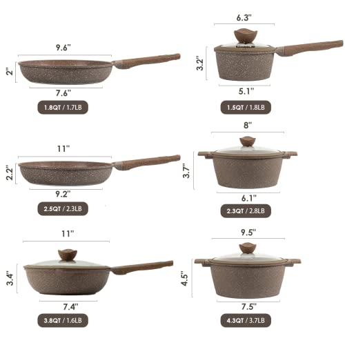 Carote Nonstick Granite Cookware Sets, 10 Pcs Brown Granite Pots and Pans Set, Induction Stone Kitchen Cooking Set, Size: 9.5/11 inch Frying Pan 3.7
