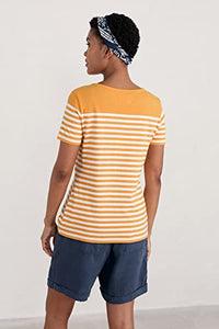 Seasalt Cornwall Women's Sailor Organic Cotton T-Shirt in Falmouth Mini Cornish Sandstone - Short Sleeve Striped Summer Top with Boat Neck - 14 US