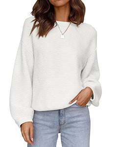 ZESICA Women's 2023 Crew Neck Long Lantern Sleeve Casual Loose Ribbed Knit Solid Soft Pullover Sweater Tops,White,Small