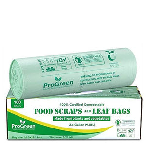 ProGreen 100% Compostable Bags 2.6 Gallon, Extra Thick 0.71 Mil, 100 Count, Small Kitchen Trash Bags, Food Scraps Yard Waste Bags, Biodegradable ASTM D6400 BPI and VINCOTTE Certified.