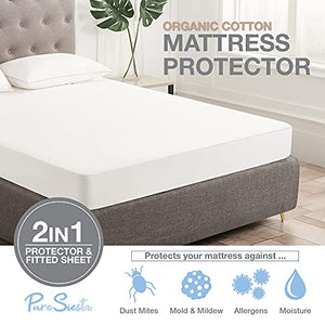 Pure Siesta Organic Cotton 5-Sided Waterproof Mattress Protector, Washable, Breathable & noiseless Bed Cover (Full)