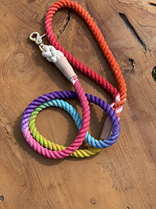 BULPET Eco Friendly Heavy Duty Dog Leash Natural Cotton Handcrafted Ombre Rainbow Rope Leash with Genuine Leather and Gold Brass Hardware/ 5 Ft/All Dogs