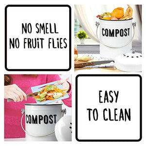 Granrosi Compost Bin Kitchen, Kitchen Compost Bin Countertop, Indoor Compost Bin, Countertop Compost Bin with Lid, 100% Rust Proof Compost Bucket w/Non-Smell Charcoal Filters, 1.3 Gallon - White