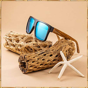 WOODIES Polarized Zebra Wood Aviator Wrap Sunglasses for Men and Women | Ice Blue Polarized Lenses and Real Wooden Frame | 100% UVA/UVB Ray Protection