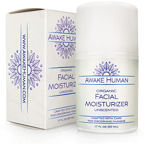 Awake Human Organic Face Moisturizer, Unscented Natural Face Cream for Every Skin Type, Mostly Aloe, Jojoba, Green Tea, Shea Butter, Sweet Almond, 1.7 Ounces