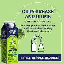 Load image into Gallery viewer, Cleancult Dish Soap Liquid Refills (32oz, 3 Pack) - Dish Soap that Cuts Grease &amp; Grime - Free of Harsh Chemicals - Paper Based Eco Refill, Uses 90% Less Plastic - Lemongrass

