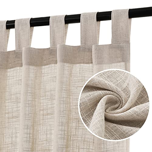 Linen Curtains Natural Linen Blended Curtains for Living Room Burlap Linen Textured Curtains Tab Top Curtains Elegant Energy Efficient Light Filtering Curtains (Set of 2, 52