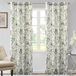 H.VERSAILTEX Linen Curtains Natural Linen Blended Curtain Panels for Living Room / Light Reducing Linen Sheer Curtains 84 inch Length 2 Panels Set Pencil Sketch Style Floral Panels, Hunter Green