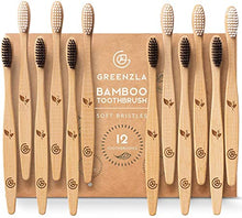 Load image into Gallery viewer, GREENZLA Bamboo Toothbrushes (12 Pack) | BPA Free Soft Bristles Toothbrushes | Eco-Friendly, Natural Bamboo Toothbrush Set | Biodegradable &amp; Compostable Charcoal Wooden Toothbrushes
