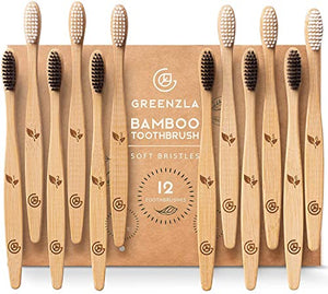 GREENZLA Bamboo Toothbrushes (12 Pack) | BPA Free Soft Bristles Toothbrushes | Eco-Friendly, Natural Bamboo Toothbrush Set | Biodegradable & Compostable Charcoal Wooden Toothbrushes