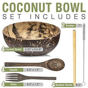 NaturalX Premium Coconut Bowls with Spoons (Set of 4) | Made from 100% Coconut Shell | Organic, Handmade, Vegan, Natural, Bamboo, Wooden, Eco Friendly, Reusable Bowl for Breakfast, Serving, Party