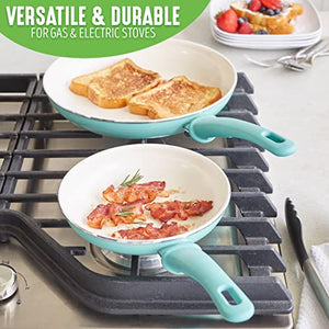 GreenLife Soft Grip Healthy Ceramic Nonstick 7" and 10" Frying Pan Skillet Set, PFAS-Free, Dishwasher Safe, Turquoise
