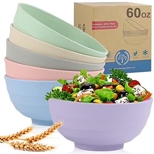 Wheat Straw Bowls Set 60 OZ Unbreakable Large Cereal Bowls Set of 6 Microwave and Dishwasher Safe Bowls Big Bowls for Eating BPA Free Eco Friendly Soup Bowl for Serving Oatmeal and Salad Etc…