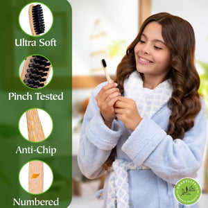 Charcoal Bamboo Toothbrushes (12 Pack) - Extra Soft Natural Bristles For Adults & Kids Teeth | Zero Waste Biodegradable Bulk Wooden Tooth Brush Travel Kit | BPA Free, Eco-Friendly Organic Compostable